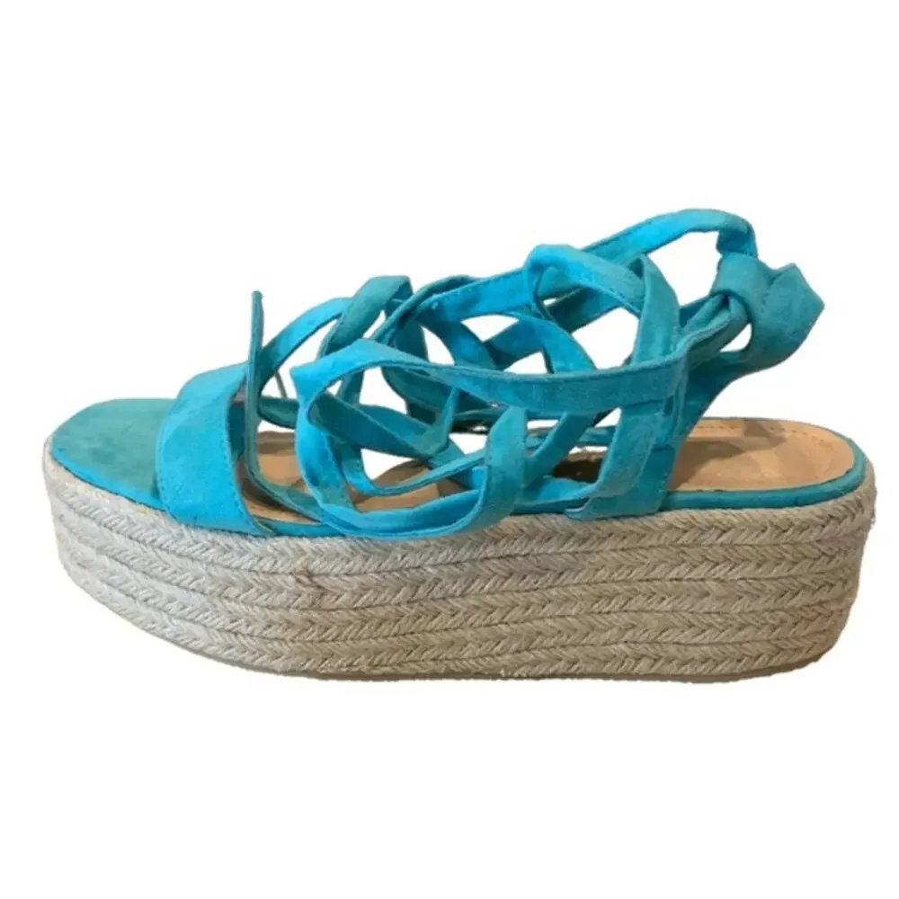 Fashion Nova espadrilles‎ flats ankle ties wrap around turquoise blue 9